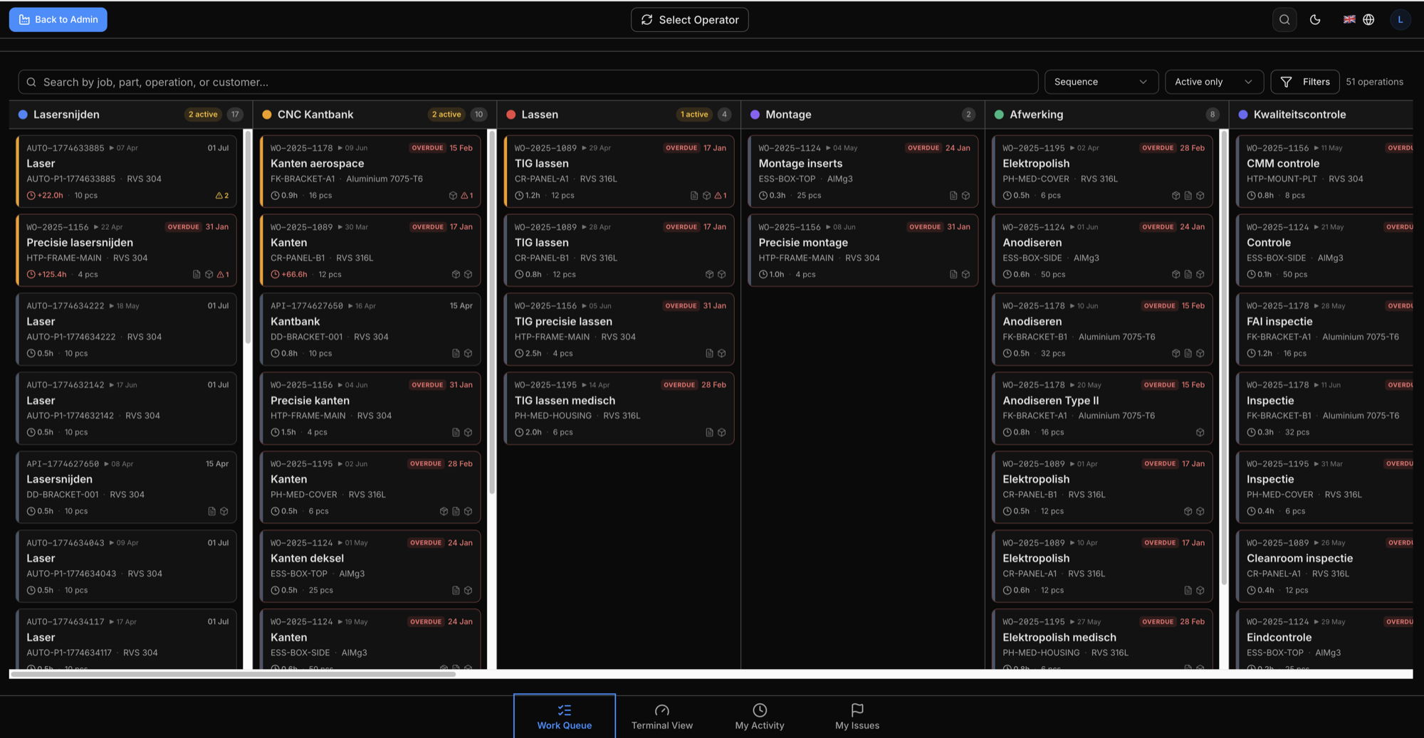 Eryxon Flow kanban work queue with columns per production stage